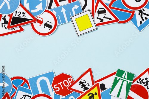 Frame made of road traffic signs. Banner template for driving school