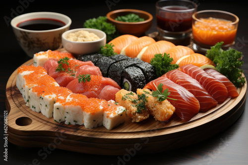 A wooden plate displays a sushi set featuring rolls filled with salmon, eel, and red caviar, capturing the essence of a restaurant experience. Generative Ai.
