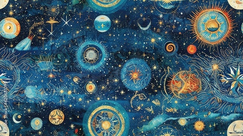  a painting of a space scene with many planets and stars in the sky, and a blue background with gold and white details, and blue. generative ai