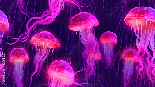  a group of jellyfish floating in the ocean under a purple sky with bubbles and bubbles on it's sides, with a black background of purple and pink.  generative ai © Shanti
