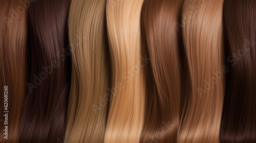 assortment of hair for hair extension procedure. types of materials, color and quality for the presentation of the service. Toning of different shades of the background of the strands. Social media photo
