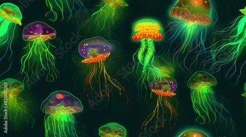  a group of jellyfish floating in the ocean at night time, all different colors and sizes, all on their own, all glowing in the same light. generative ai