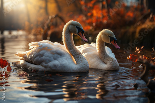 Swans gracefully swimming on the water in a natural setting create a serene and picturesque scene, evoking a sense of tranquility and beauty. Generative Ai.