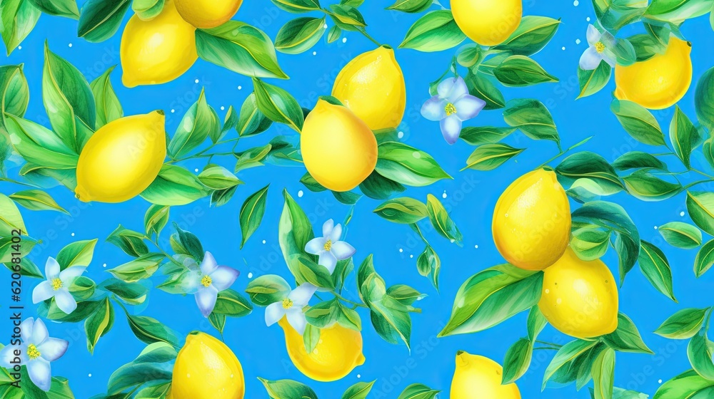  a painting of lemons and leaves on a blue background with white flowers and leaves on the branches of the lemons and the leaves on the branches.  generative ai