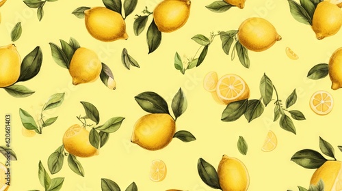  a painting of lemons and leaves on a yellow background with green leaves on the branches and on the ground, on a yellow background is a yellow background with green leaves and. generative ai