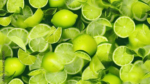  a bunch of limes with leaves and lemons on them are all green and yellow in color, and the limes are almost lime green in color.  generative ai
