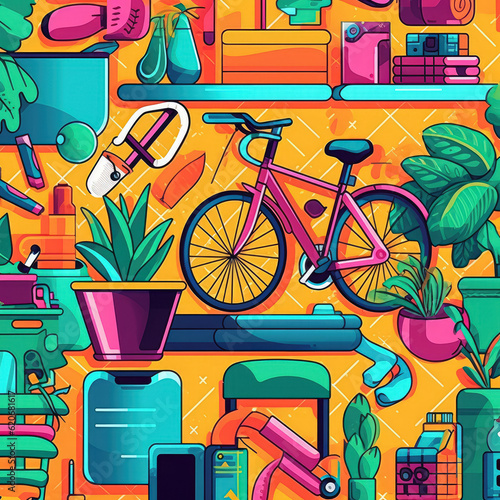 Fitness products through a colorful cartoon-style background, featuring muscle exercise bikes and yoga mats. Generative Ai, Ai.