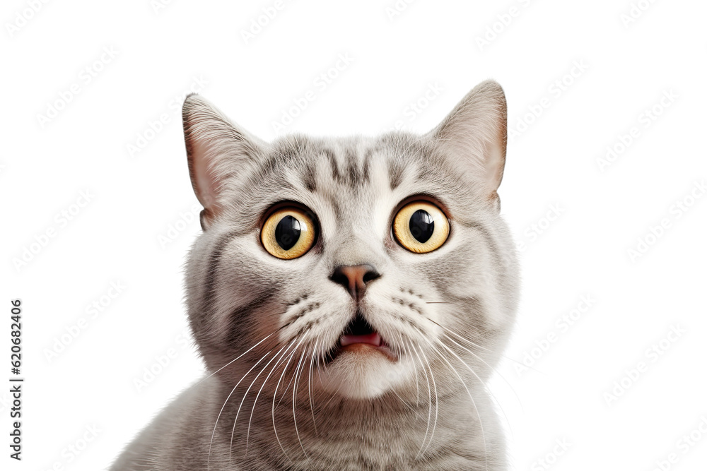 Close-up Funny Portrait of Surprised British Cat with Huge Eyes. Isolated on White and PNG Transparent Background.