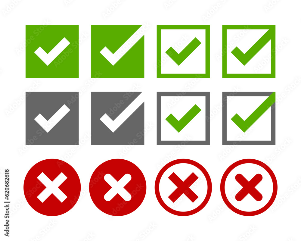 Check and incorrect icons check boxes. A green tick, a red cross in a square or circle. Yes or no - vector illustration. Check and incorrect icons check boxes. A green tick, a red cross in a square or circle. Yes or no - vector illustration.