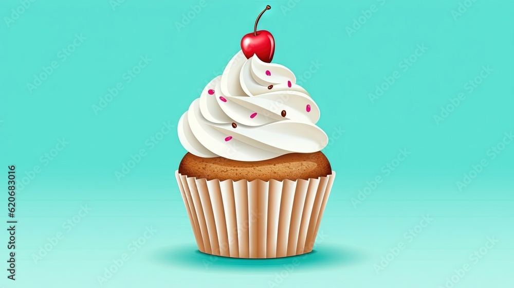 a cupcake with white frosting and a cherry on top of it, on a blue background, with a shadow of a cherry on the top of the cupcake. generative ai a cupcake with white frosting and a cherry on top of it, on a blue background, with a shadow of a cherry on the top of the cupcake. generative ai