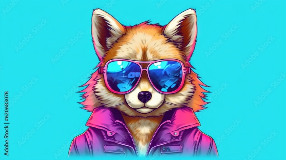  a drawing of a corgi wearing sunglasses and a pink jacket with a blue sky in the background and a blue sky in the background.  generative ai