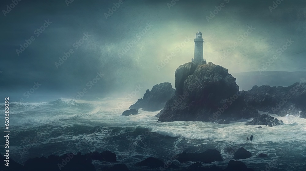  a lighthouse in the middle of a body of water with a dark sky above it and a person standing on a rock in the middle of the water.  generative ai
