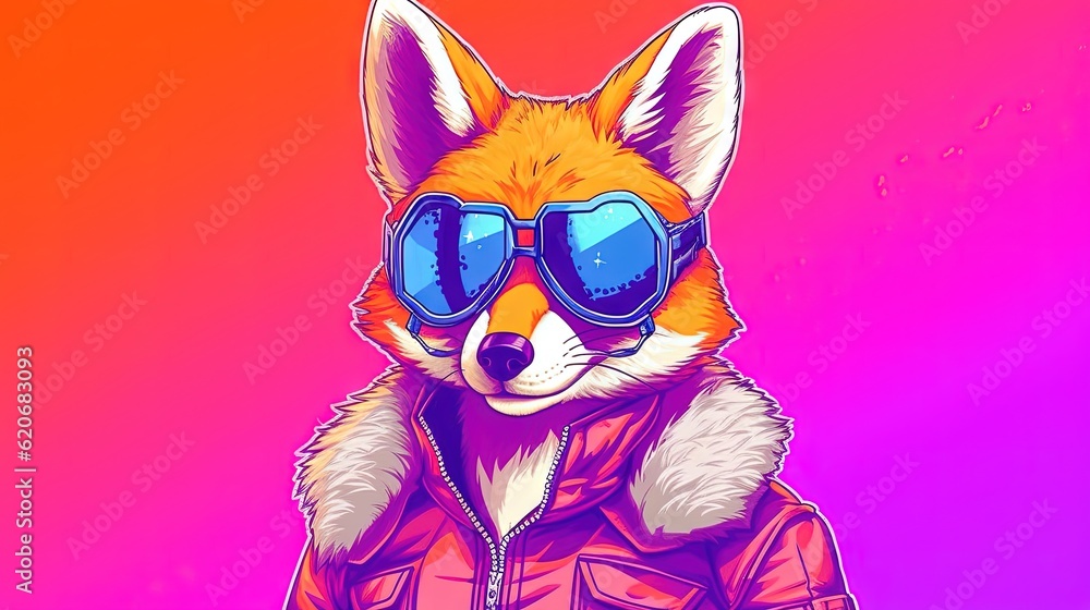  a red fox wearing sunglasses and a jacket with a hoodie over his head, on a pink and purple background with a red background.  generative ai