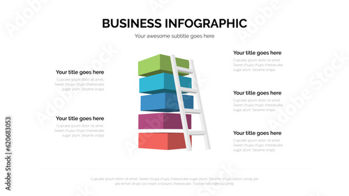 Ladder with square box business infographic with five steps. Suitable for presentation with 16x9 aspect ratio