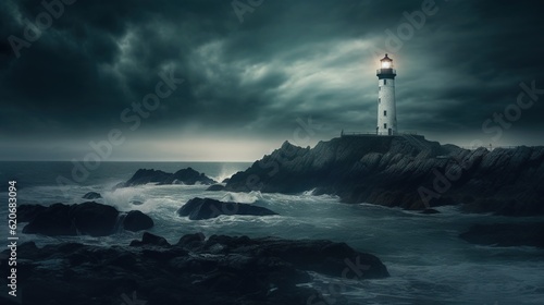  a lighthouse on a rocky shore under a dark sky with a light house on it's top of a rock outcropping in the ocean. generative ai