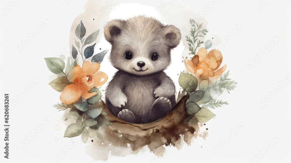 a watercolor painting of a baby bear sitting on a branch with flowers around it's neck and a white background with a watercolor border. generative ai a watercolor painting of a baby bear sitting on a branch with flowers around it's neck and a white background with a watercolor border. generative ai