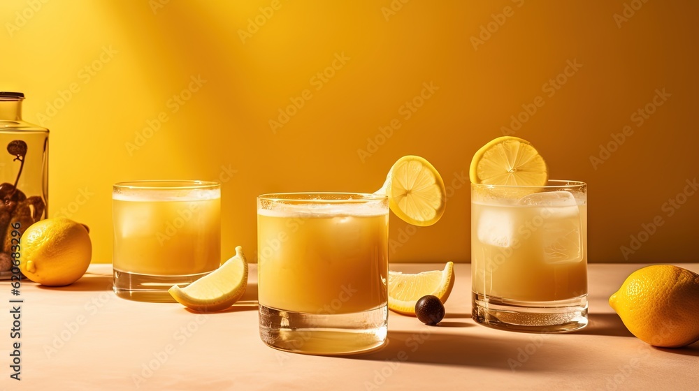 a table topped with glasses filled with lemonade and lemons next to a bottle of lemonade and two glasses filled with lemonade. generative ai a table topped with glasses filled with lemonade and lemons next to a bottle of lemonade and two glasses filled with lemonade. generative ai