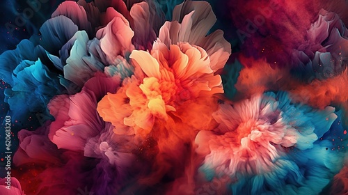  a bunch of flowers that are in the air with a lot of colors on them and a blue sky in the background with a few clouds. generative ai