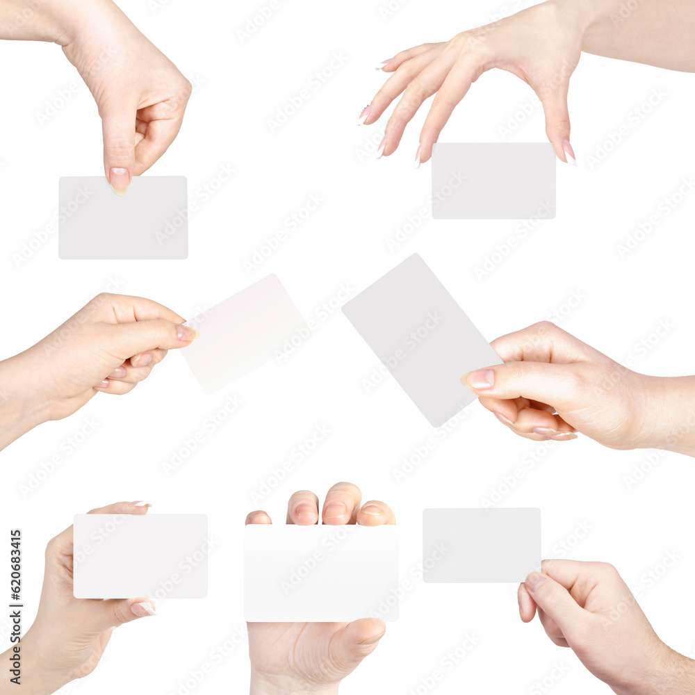 Collection of blank cards in a hand isolated on white