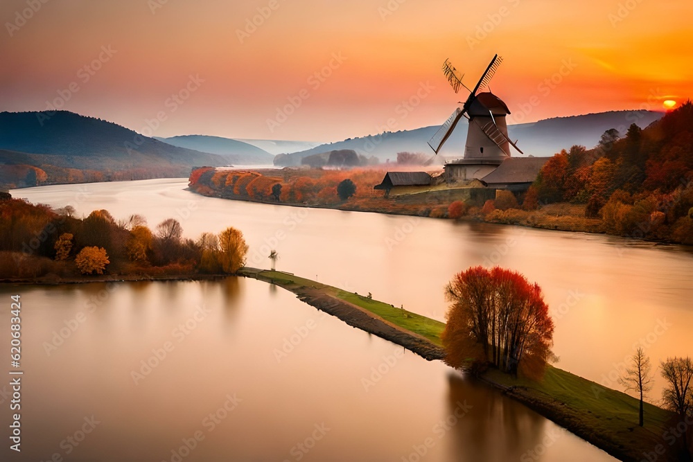 Fototapeta premium windmill at sunset