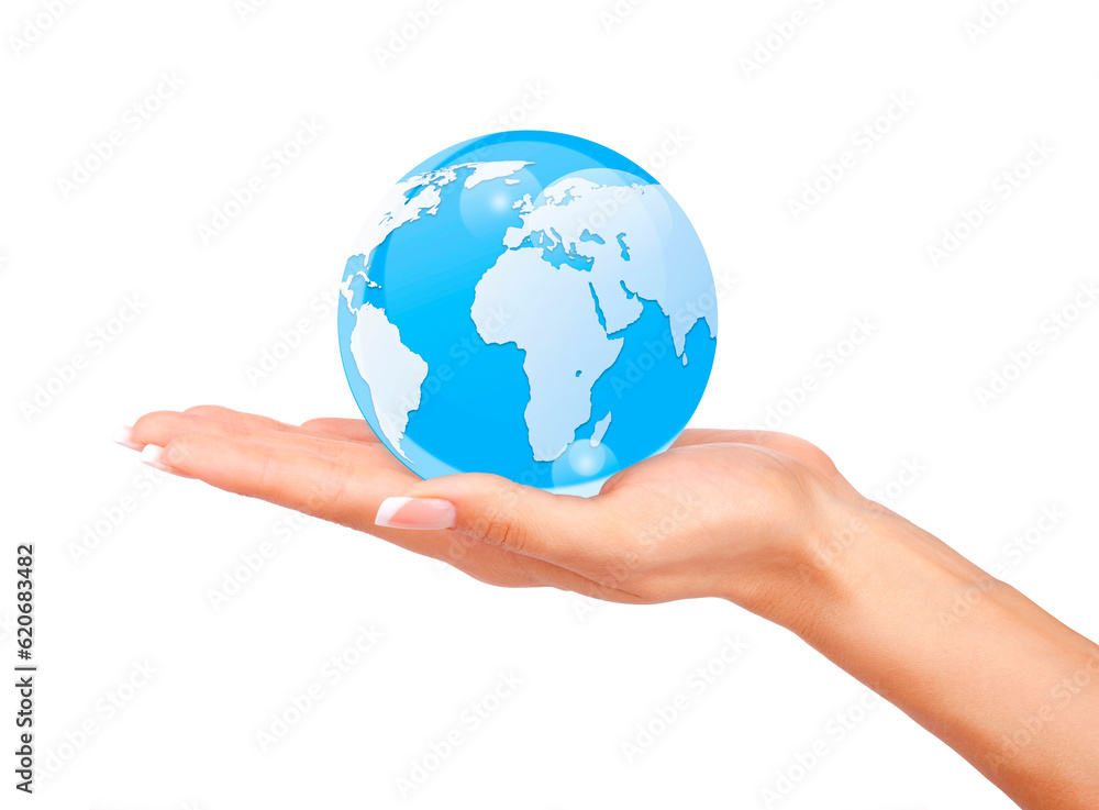 Woman's hands holding the glass earth globe on white background. Woman's hands holding the glass earth globe on white background.