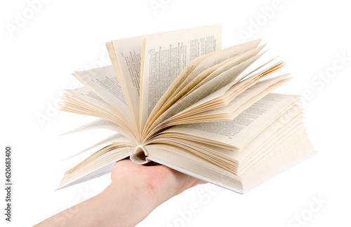 Open book in his hand on a white background.