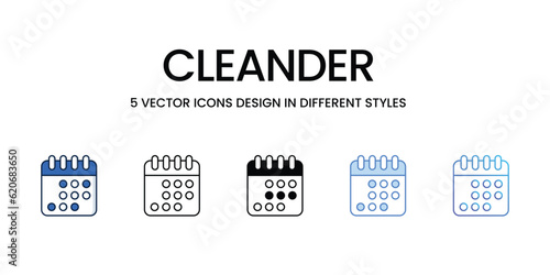 Cleander Icon Design in Five style with Editable Stroke. Line, Solid, Flat Line, Duo Tone Color, and Color Gradient Line. Suitable for Web Page, Mobile App, UI, UX and GUI design.