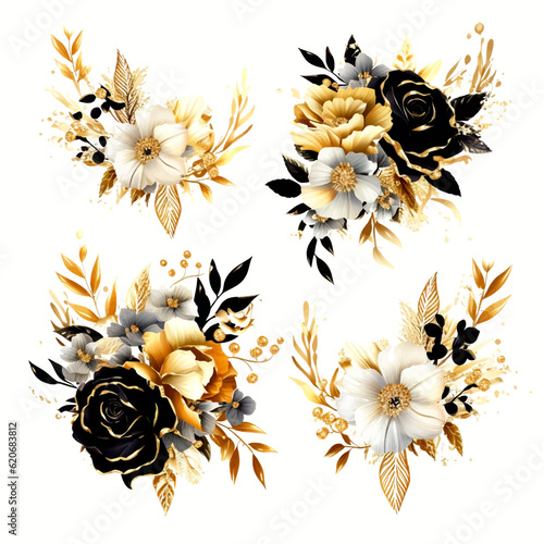 Watercolor set of flower arrangement with black gold flowers