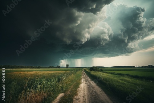 Threatening storm over rural landscape. Generative AI