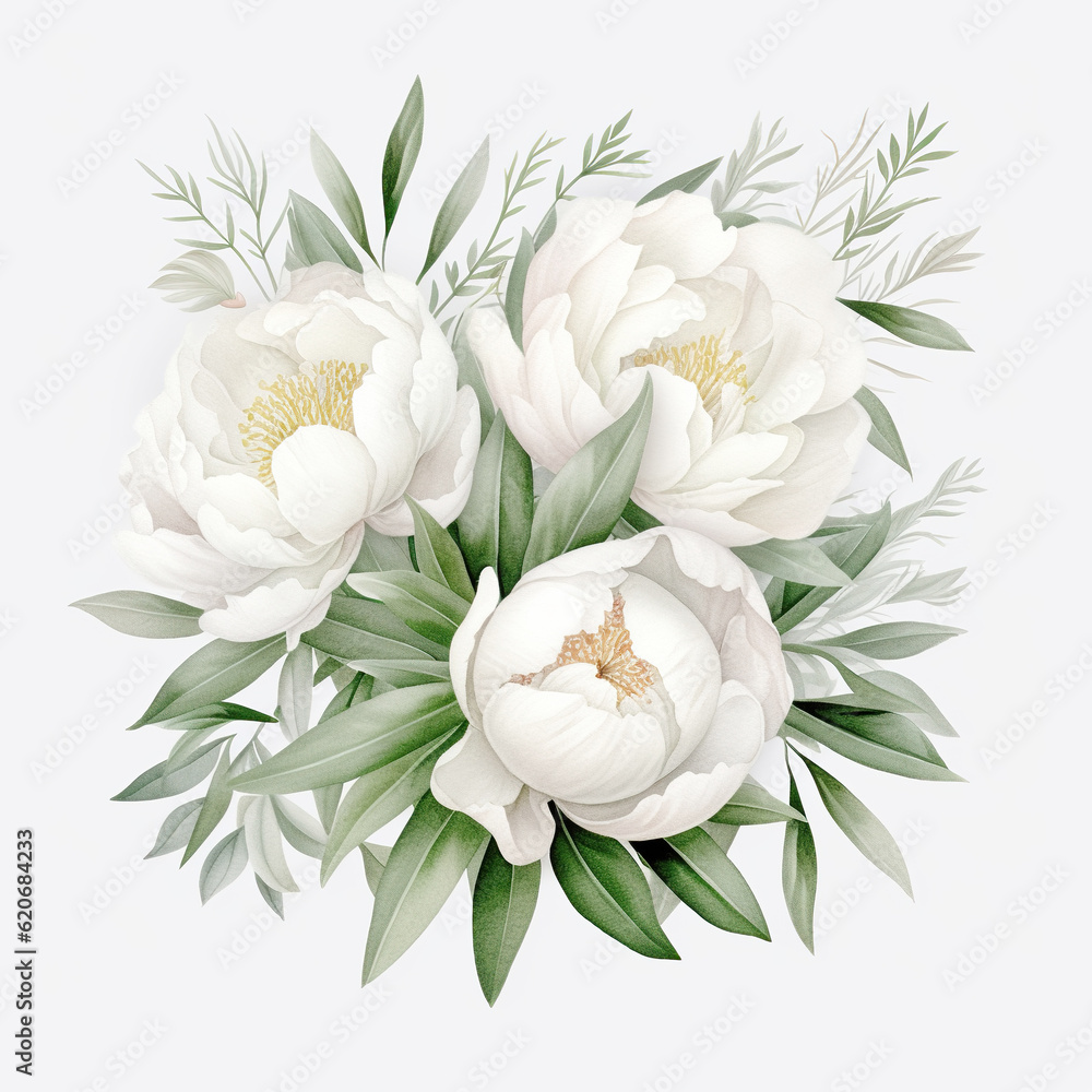 Watercolor floral illustration bouquet - white flowers. Wedding stationary, greetings, wallpapers, background.