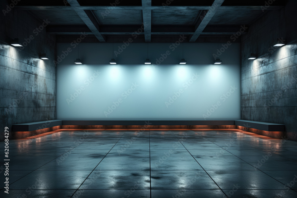 A front view of a blank white digital screen glowing in a dark hall interior, with a concrete floor and a black wall. Generative Ai.