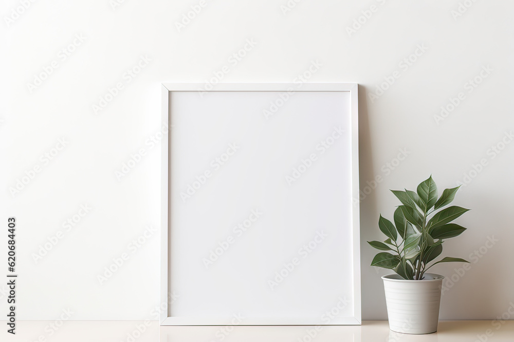 Blank wooden picture frame mockup in modern interior. Vertical template mock up for artwork, painting, photo or poster in interior design, generative AI Blank wooden picture frame mockup in modern interior. Vertical template mock up for artwork, painting, photo or poster in interior design, generative AI