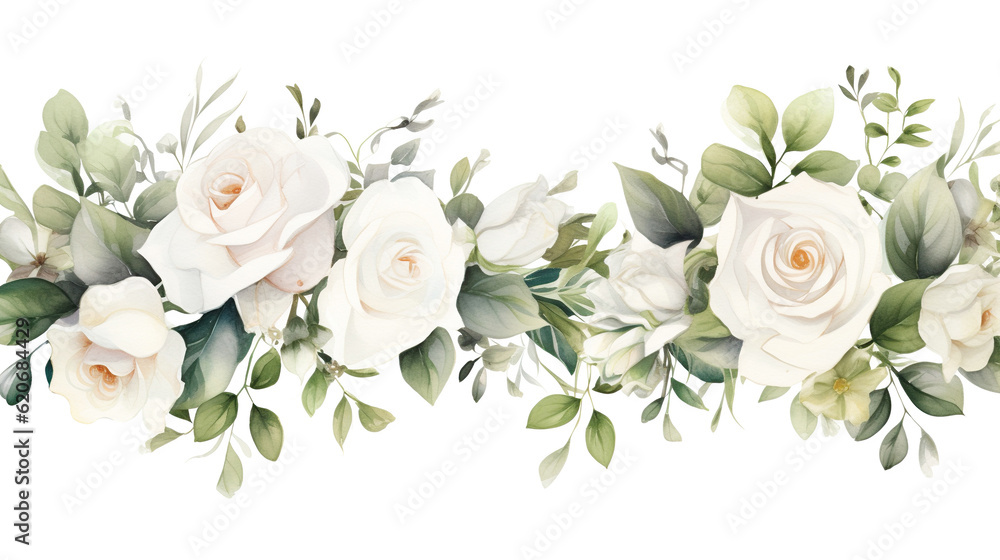 Watercolor floral illustration bouquet - white flowers. Wedding stationary, greetings, wallpapers, background, garland of roses, wicker rose watercolor