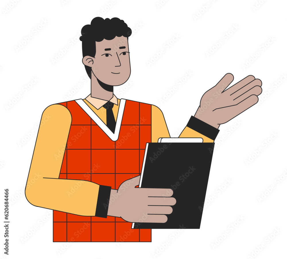 African american teacher holds book flat line color vector character. Editable outline half body young adult man explainson white. Simple cartoon spot illustration for web graphic design African american teacher holds book flat line color vector character. Editable outline half body young adult man explainson white. Simple cartoon spot illustration for web graphic design