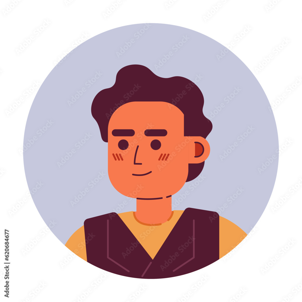 Handsome arabian man semi flat vector character head. Brunette curly hair. Editable cartoon avatar icon. Face emotion. Colorful spot illustration for web graphic design, animation