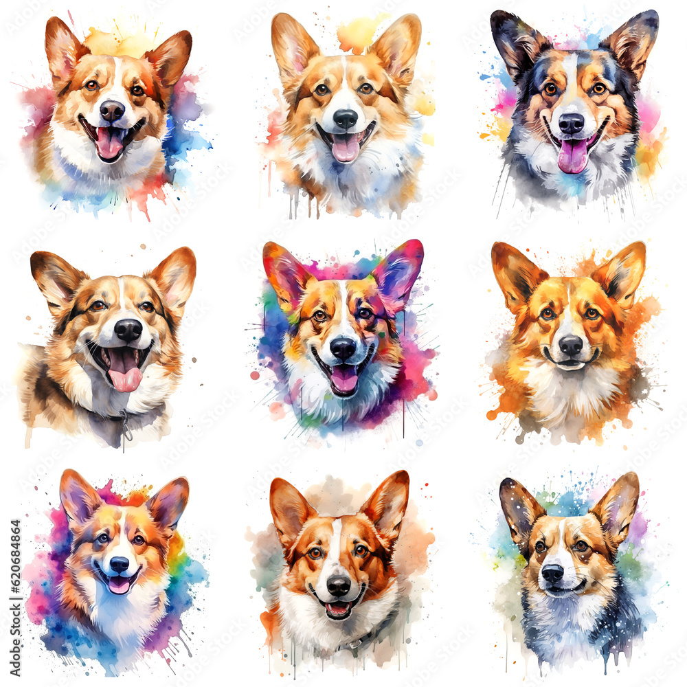Set of dogs breed Pembroke Welsh Corgi painted in watercolor on a white background in a realistic manner. Ideal for teaching materials, books and designs, postcards, posters.