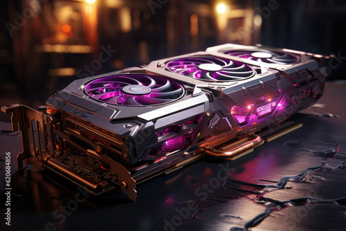 Presenting the concept of a modern high-end GPU (Graphics Processing Unit) adorned with impressive RGB lighting, showcasing both advanced technology and aesthetic appeal. Generative Ai.