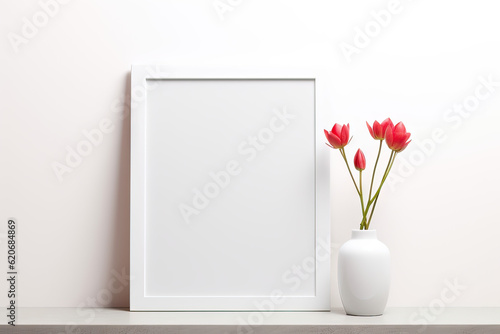 Blank wooden picture frame mockup in modern interior. Vertical template mock up for artwork, painting, photo or poster in interior design, generative AI