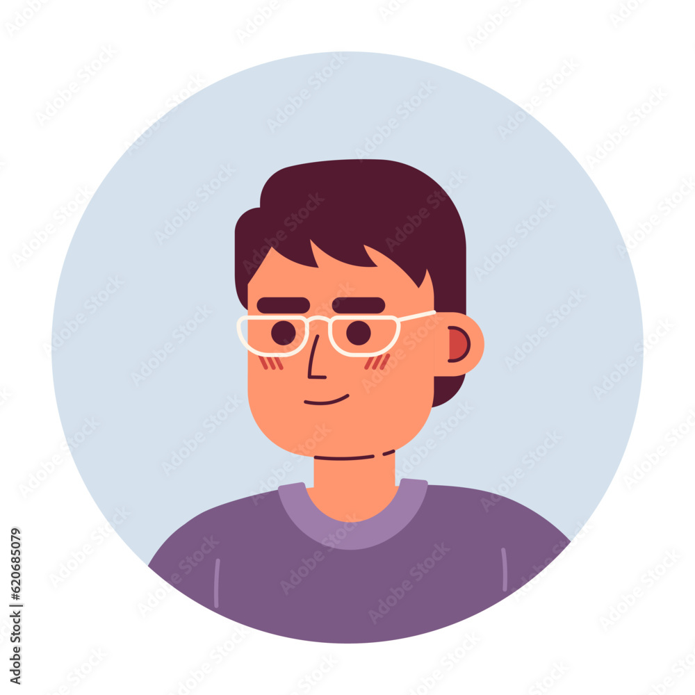 Handsome boy with glasses semi flat vector character head semi flat vector character head. Editable cartoon avatar icon. Face emotion. Colorful spot illustration for web graphic design, animation