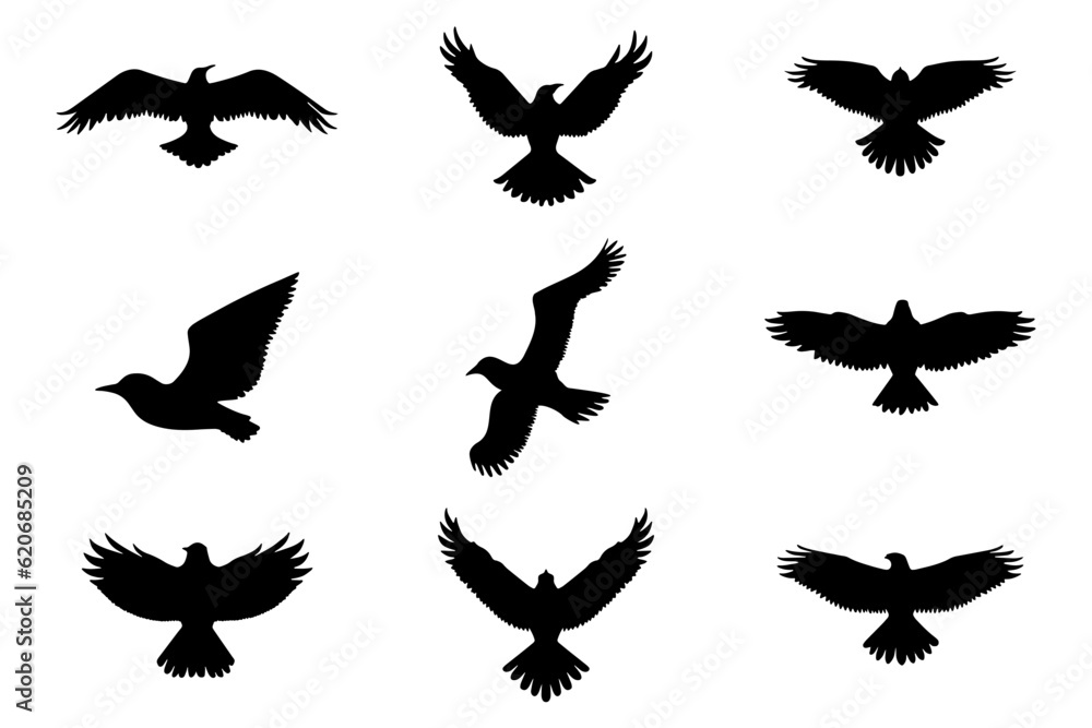 Birds flying silhouette collection. Icon symbol set. Vector illustration