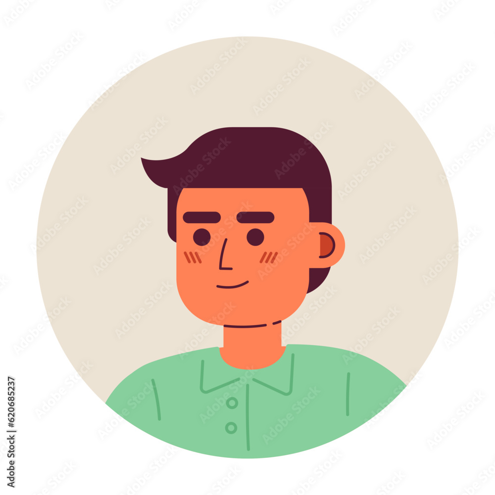 Young caucasian man semi flat vector character head. Editable cartoon avatar icon. Happy brunette boy. Face emotion. Colorful spot illustration for web graphic design, animation