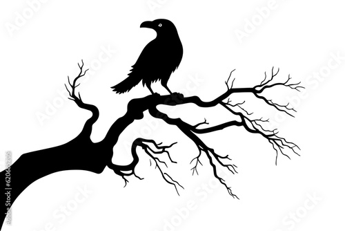 Raven on a branch of dry tree Silhouette. design element for Halloween. Vector illustration