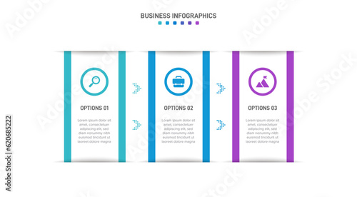 Timeline infographic with infochart. Modern presentation template with 3 spets for business process. Website template on white background for concept modern design. Horizontal layout.
