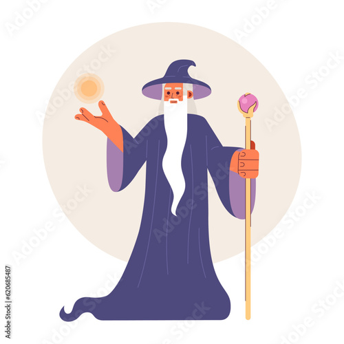 Old wizard flat concept vector spot illustration. Mysterious magician with long silver beard and magic staff 2D cartoon character on white for web UI design. Isolated editable creative hero image