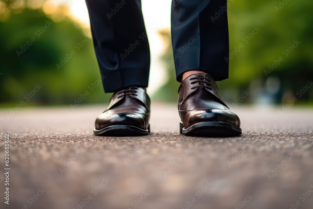Businessman walk on road, close up shoes. Male shoes and trousers in walking position. Generative AI Businessman walk on road, close up shoes. Male shoes and trousers in walking position. Generative AI