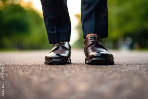 Businessman walk on road, close up shoes. Male shoes and trousers in walking position. Generative AI © barmaleeva