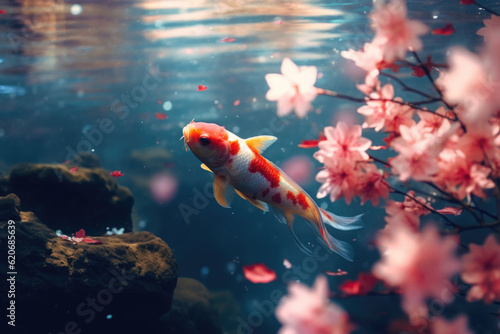 Koi fish swimming in a pond under a cherry tree. Cherry blossoms land in a lake. Generative AI © barmaleeva