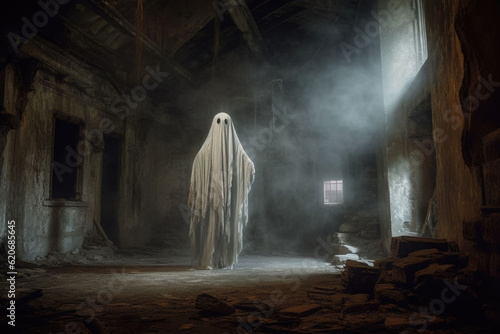 A ghost with a spectral form in an old castle. Generative AI