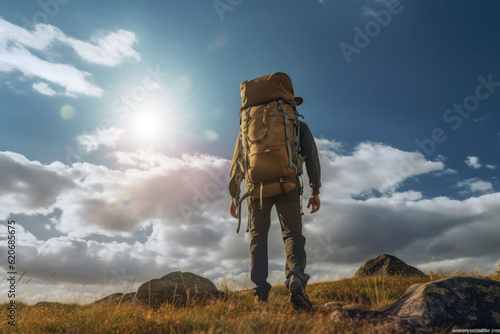 Hiker at sunset mountains with backpack. Outdoor vacation alone into the wild. Generative AI