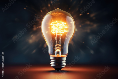 Glowing yellow light bulb. Bright light bulb illustrating the idea. Generative AI